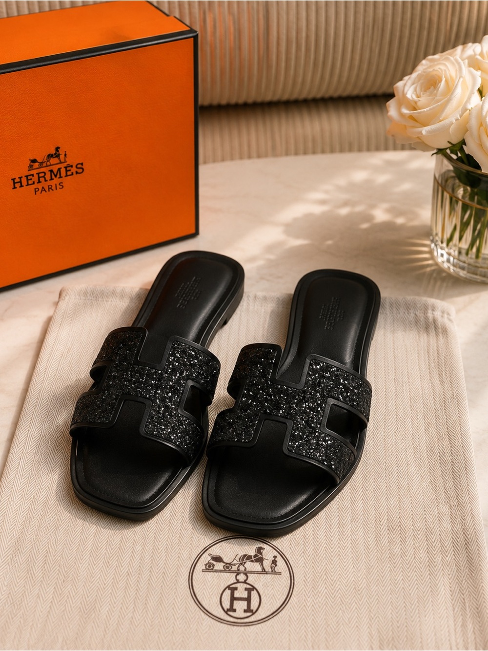 Women's Black Glitter Slide Sandals Luxury Fashion